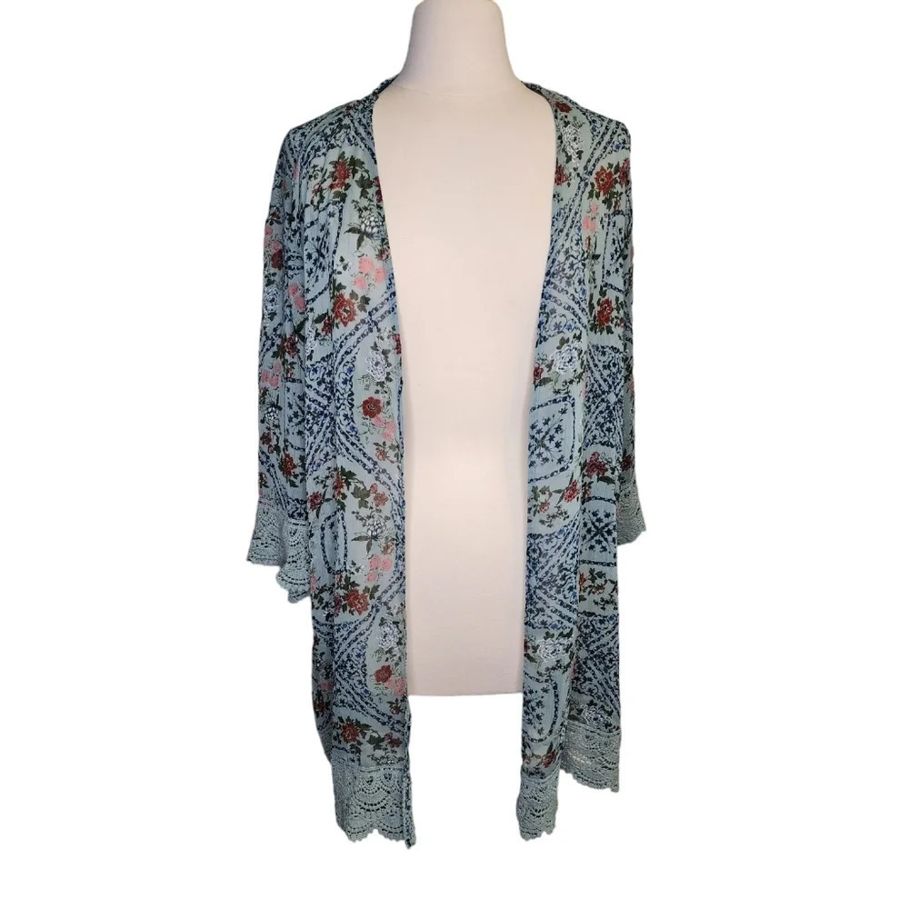 Mason & Belle Lace Trimmed Kimono Green Floral Size 2X
